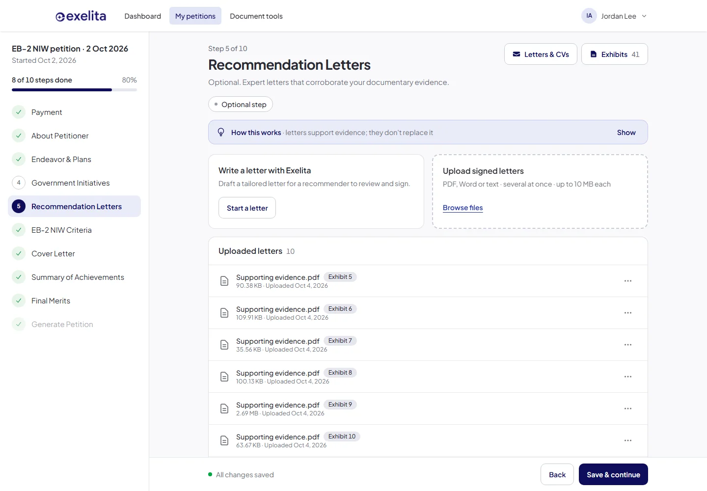 Recommendation letters workspace with signed uploads and exhibit links
