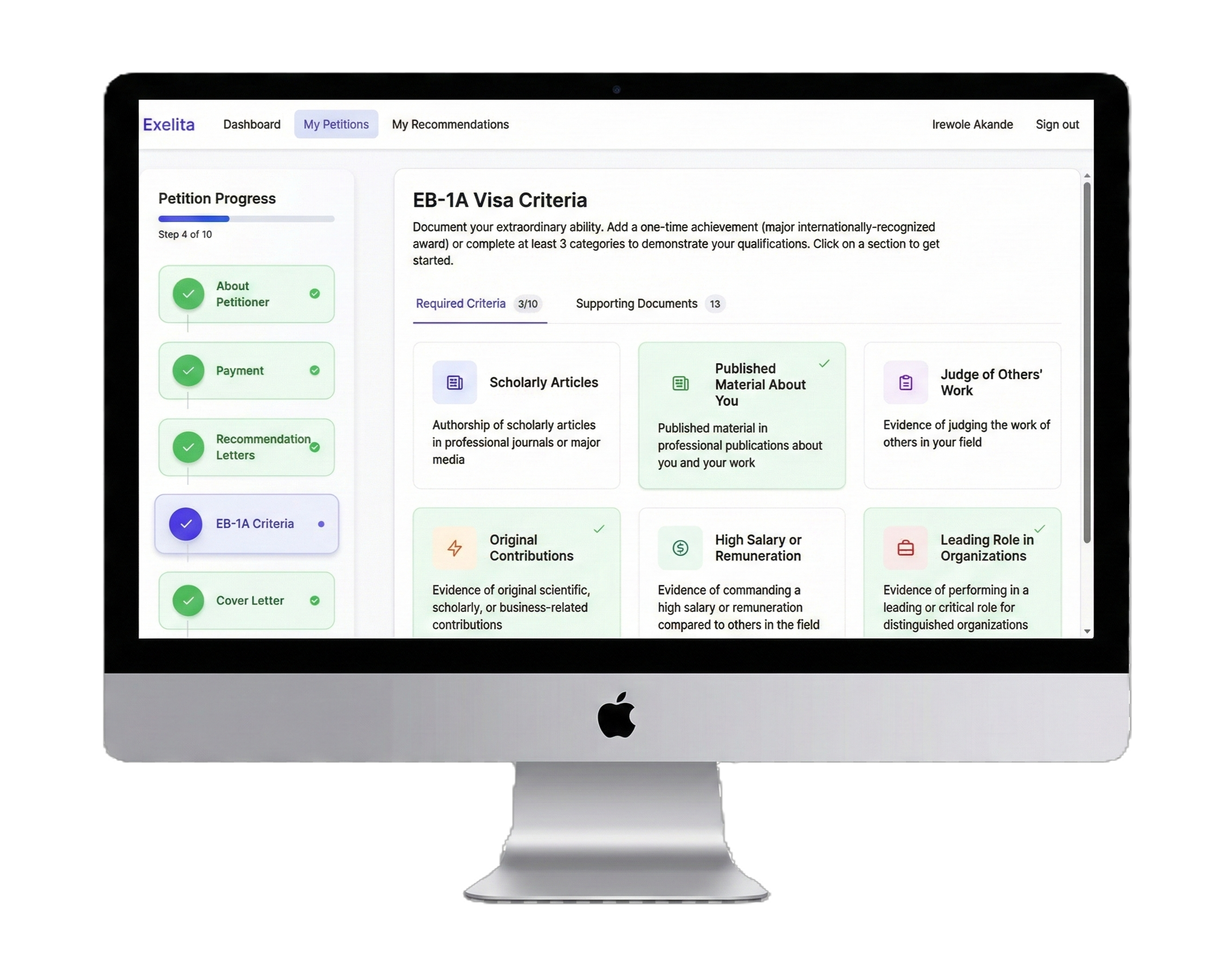 Exelita EB-1A petition builder dashboard showing petition progress tracking and visa criteria management on an iMac