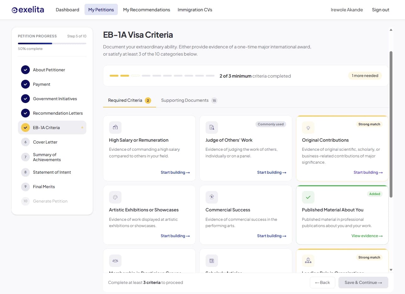 Criteria mapping interface for EB-1A visa requirements